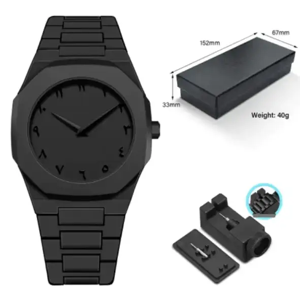 Black matte-finish watch with an octagonal case and arabic numeral hour markers, paired with a matching black metal bracelet.