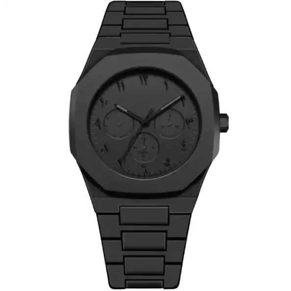 Black metallic chronograph watch with an octagonal case and linked bracelet, featuring a dark dial marked by arabic numerals.