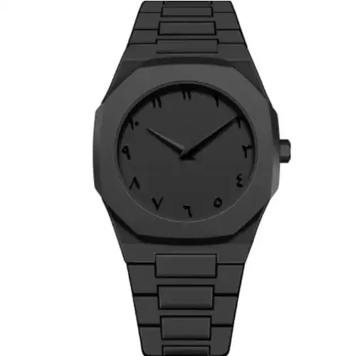 Black metallic watch with a sleek, octagonal case and matching bracelet featuring arabic numerals on the dial.