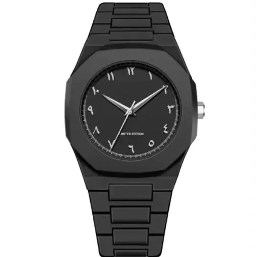 Black octagonal-faced watch with silver arabic numerals and a matching black metal bracelet.