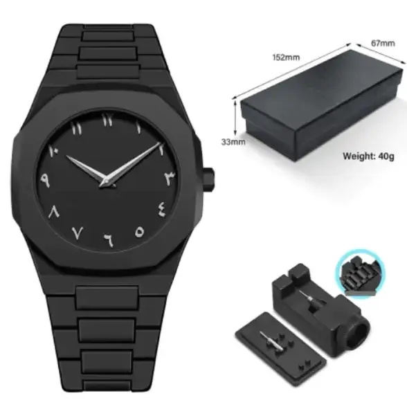 Black matte-finish watch with silver arabic numerals and a matching link bracelet.