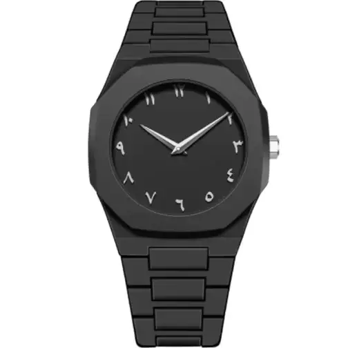 Black watch with a sleek, geometric case and matching bracelet featuring white arabic numerals on the dial.