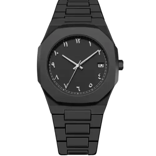 Black metal watch with arabic numerals on the dial.