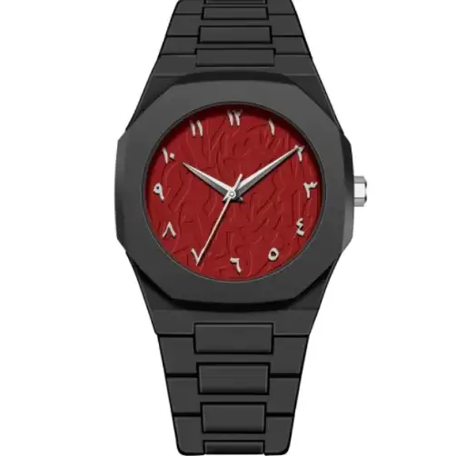 Black watch with a red face and silver numerals