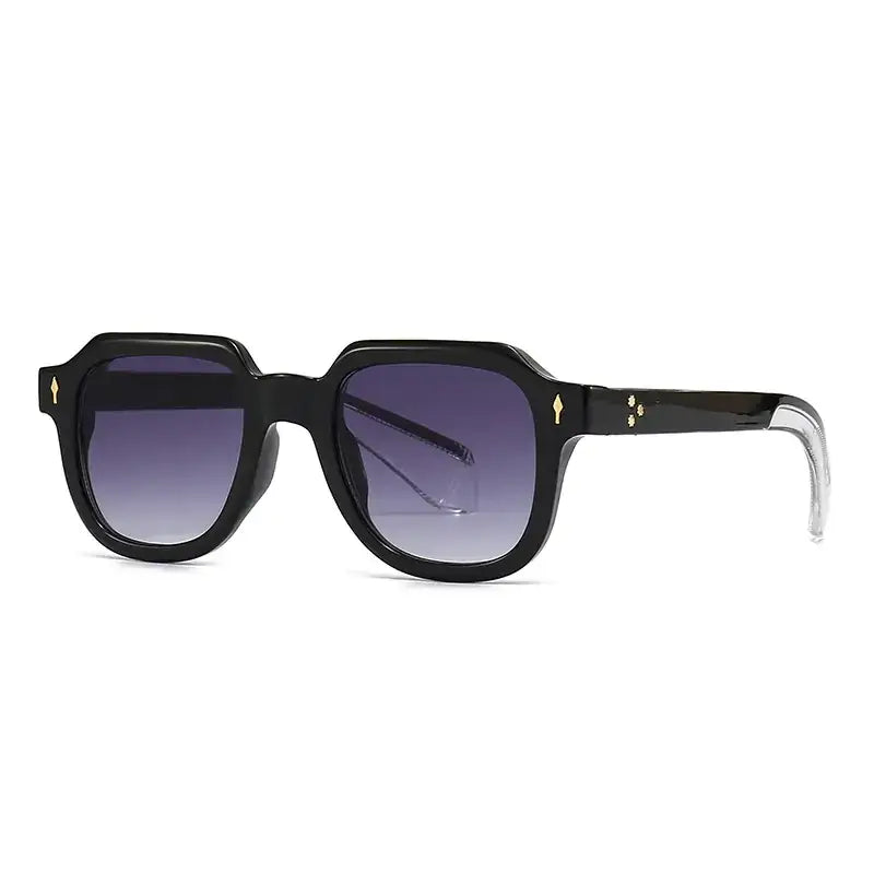 Black square-framed sunglasses with gradient purple lenses and gold accent details on the temples.