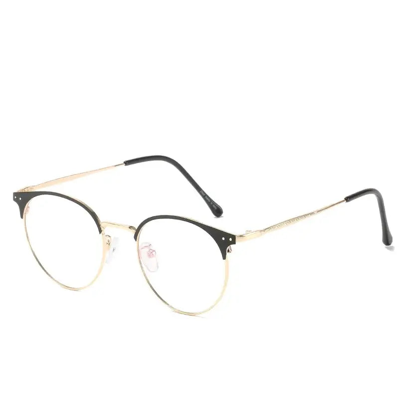 Black and gold round-framed eyeglasses with a minimalist design.