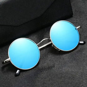 Round blue mirrored sunglasses with a silver metal frame.