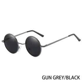 Gun grey and black round-framed sunglasses with dark lenses.