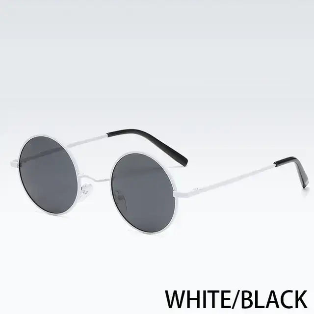 White and black round-frame sunglasses with dark gray lenses.