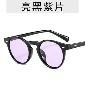 Black round-frame sunglasses with shiny purple-tinted lenses.