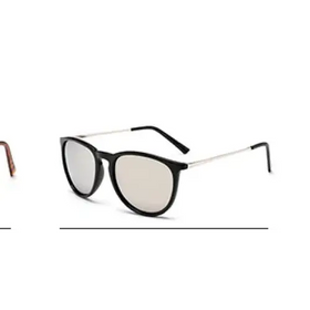 Black-framed sunglasses with silver-tinted lenses and a sleek, modern design.