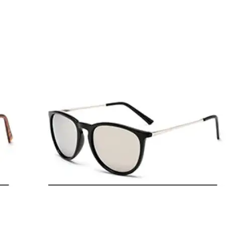Black-framed sunglasses with silver-tinted lenses and a sleek, modern design.