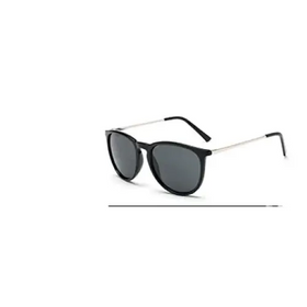 Black-framed sunglasses with dark gray lenses and slim metallic temples.