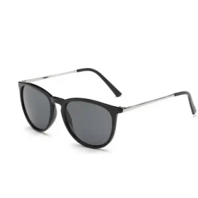 Black-framed sunglasses with dark gray lenses and silver metal temples.