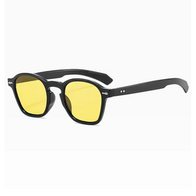Black-framed sunglasses with vibrant yellow lenses and a sleek, modern design.