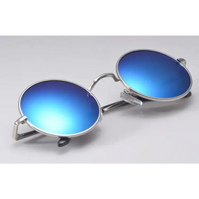 Blue mirrored round sunglasses with a silver metal frame.