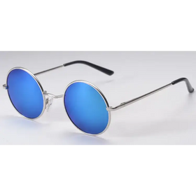 Round silver-framed sunglasses with vibrant blue mirrored lenses.