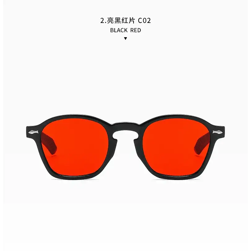 Black-framed sunglasses with vibrant red lenses.