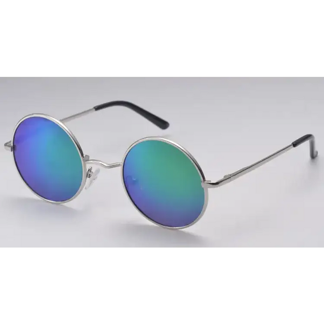 Round silver-framed sunglasses with iridescent blue and green mirrored lenses.