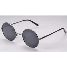 Black round-framed sunglasses with dark gray mirrored lenses.