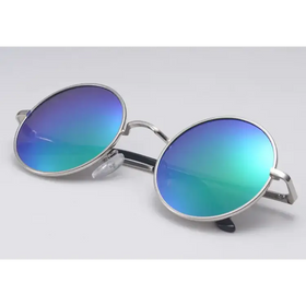 Round sunglasses with reflective blue and green gradient lenses framed in silver metal.