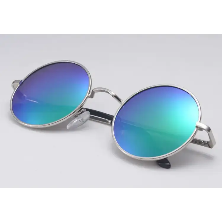 Round sunglasses with reflective blue and green gradient lenses framed in silver metal.