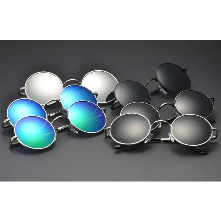 Set of round-frame sunglasses with reflective lenses in blue, green, and black finishes.