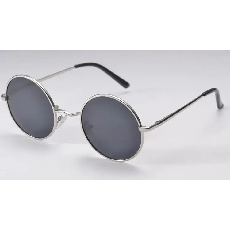 Silver-framed round sunglasses with dark gray lenses and black temple tips.