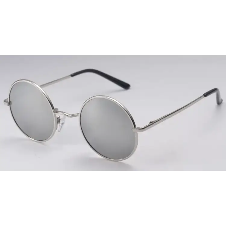Silver round-frame sunglasses with mirrored lenses and black temple tips.