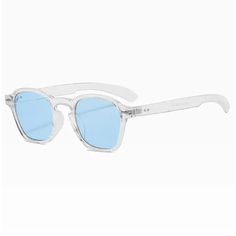 Clear-framed sunglasses with light blue lenses.