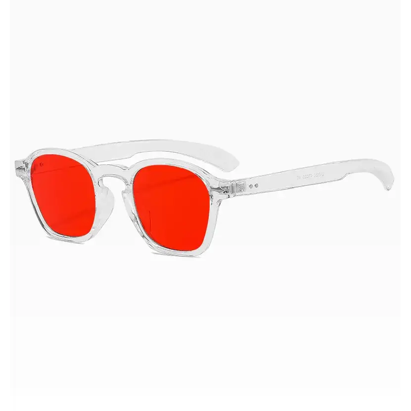 Clear-framed sunglasses with vibrant red lenses.