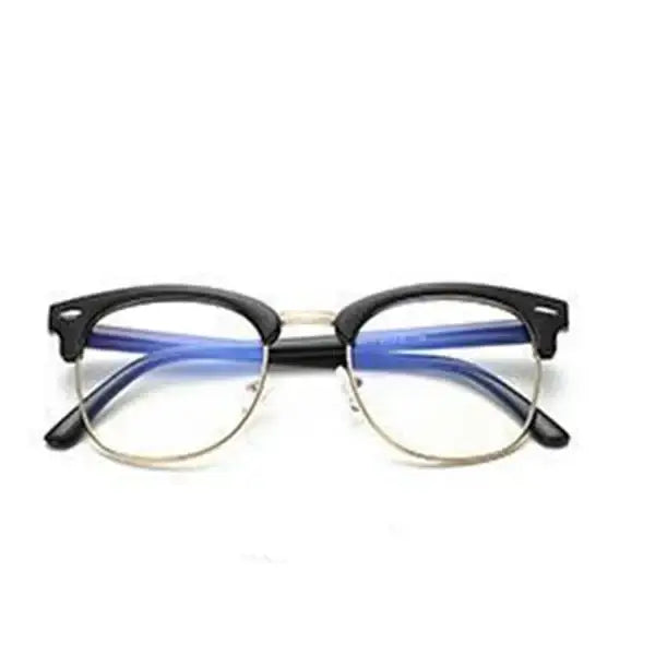 Black and blue half-rimmed reading glasses with a metallic bridge.