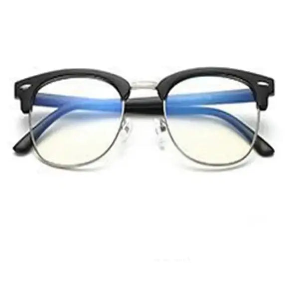 Black and blue half-rimmed reading glasses with a sleek, modern design.