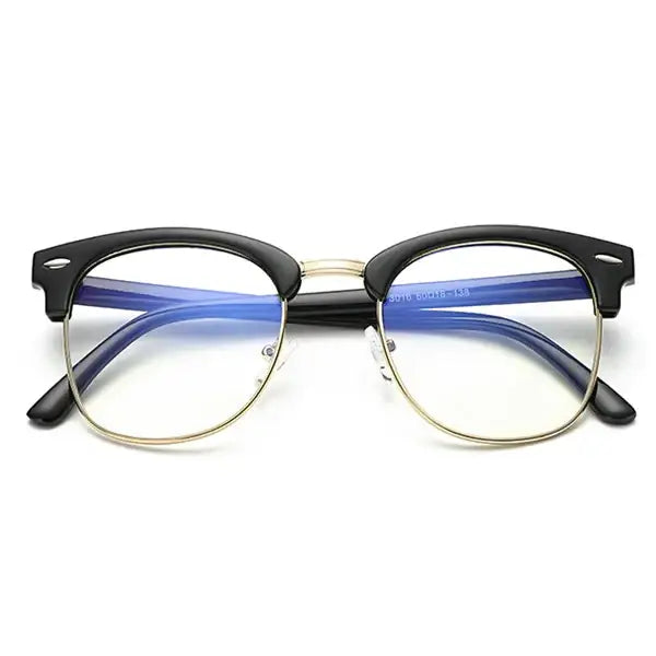 Black and gold half-rim glasses with blue-tinted temple arms.