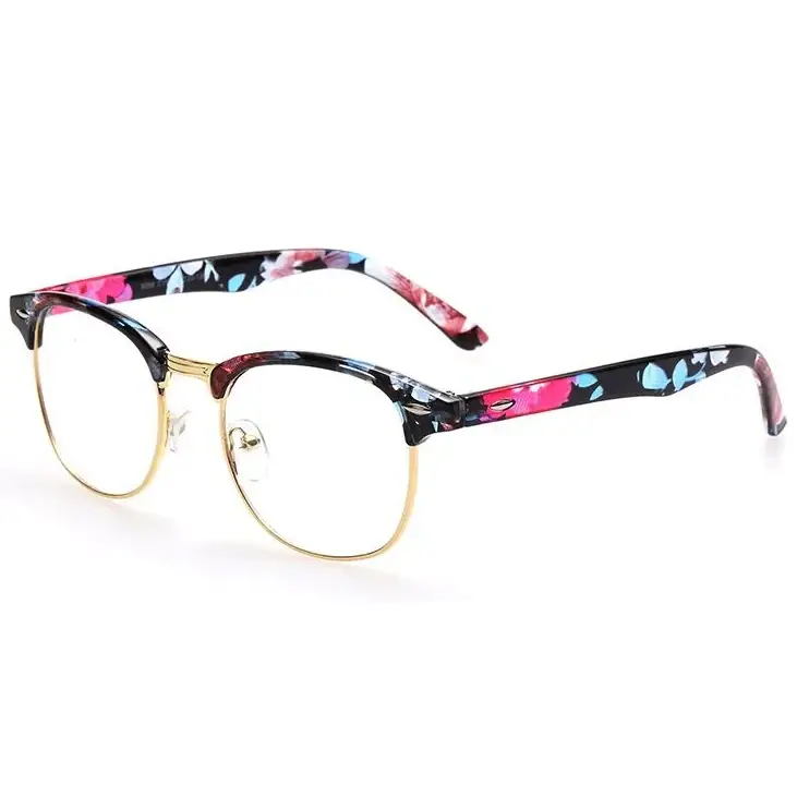 Black and pink floral-patterned acetate eyeglass frames with gold-tone metal rims.