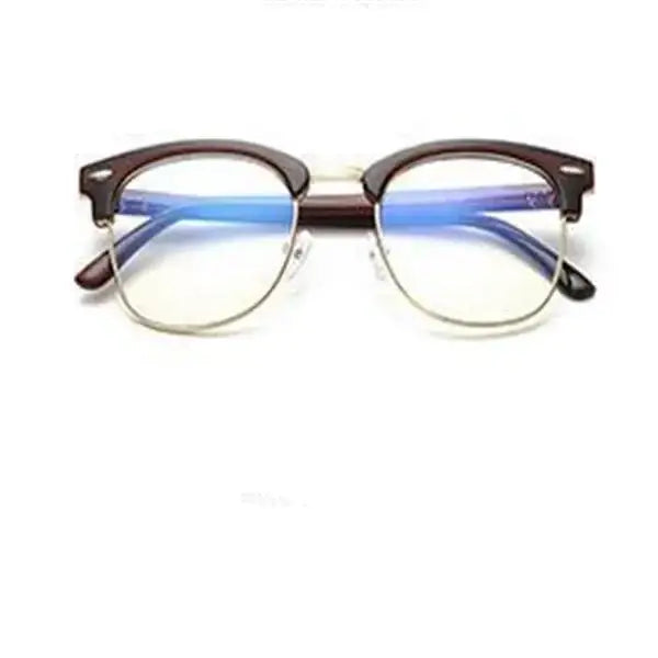 Brown acetate framed glasses with a metallic bridge and blue-tinted temple arms.
