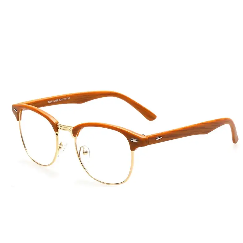 Brown wooden-framed half-rim glasses with gold-toned metal accents.