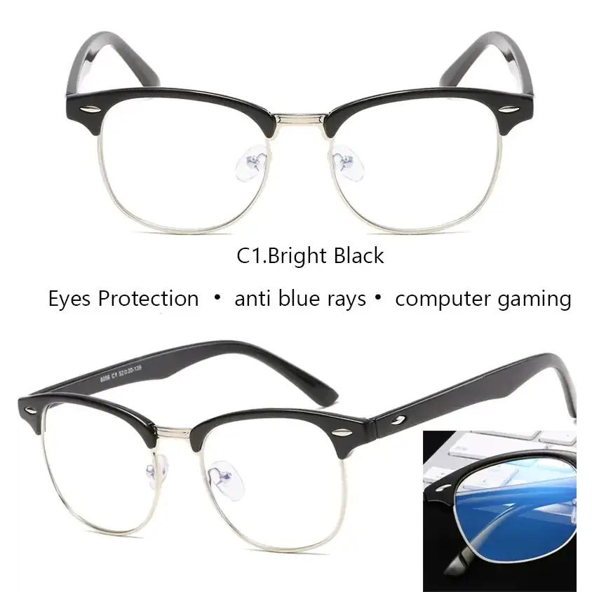 Black and silver half-rim reading glasses with anti-blue ray lenses.