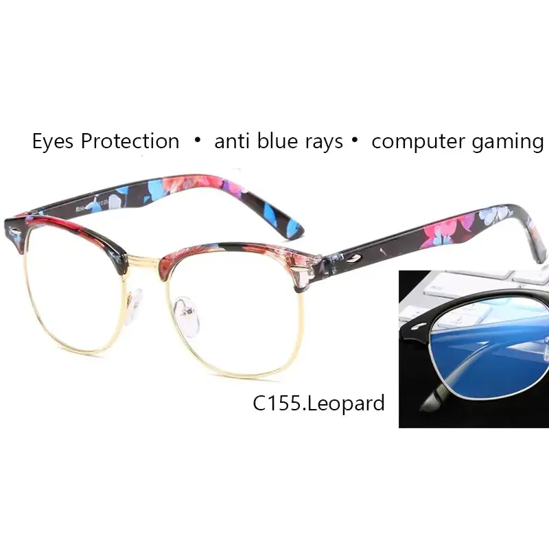 C155.leopard computer gaming glasses with floral-patterned acetate frames and gold-tone metal accents.