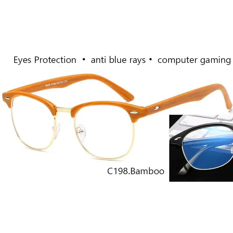 Bamboo-framed eyeglasses with gold-tone metal accents and clear lenses, designed for computer gaming and anti-blue ray protection.