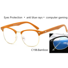 Bamboo-framed eyeglasses with gold-tone metal accents and clear lenses, designed for computer gaming and anti-blue ray protection.