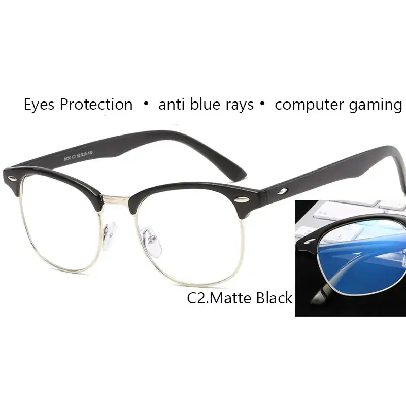 Matte black half-rim reading glasses with silver metal accents and anti-blue-ray lenses.