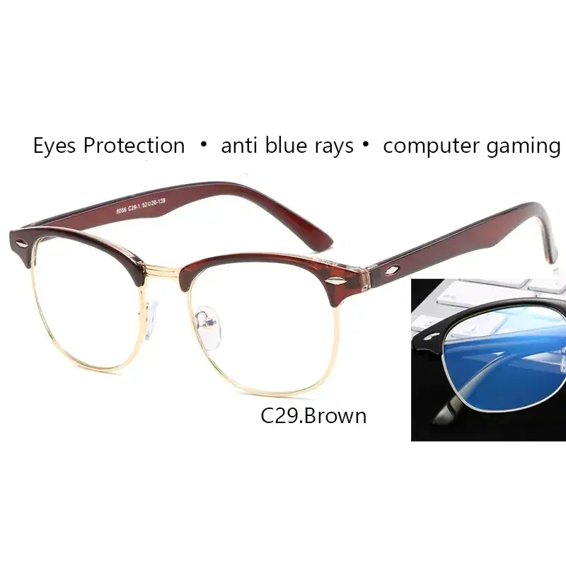 Brown and gold half-rim glasses with anti-blue-ray lenses designed for computer gaming.