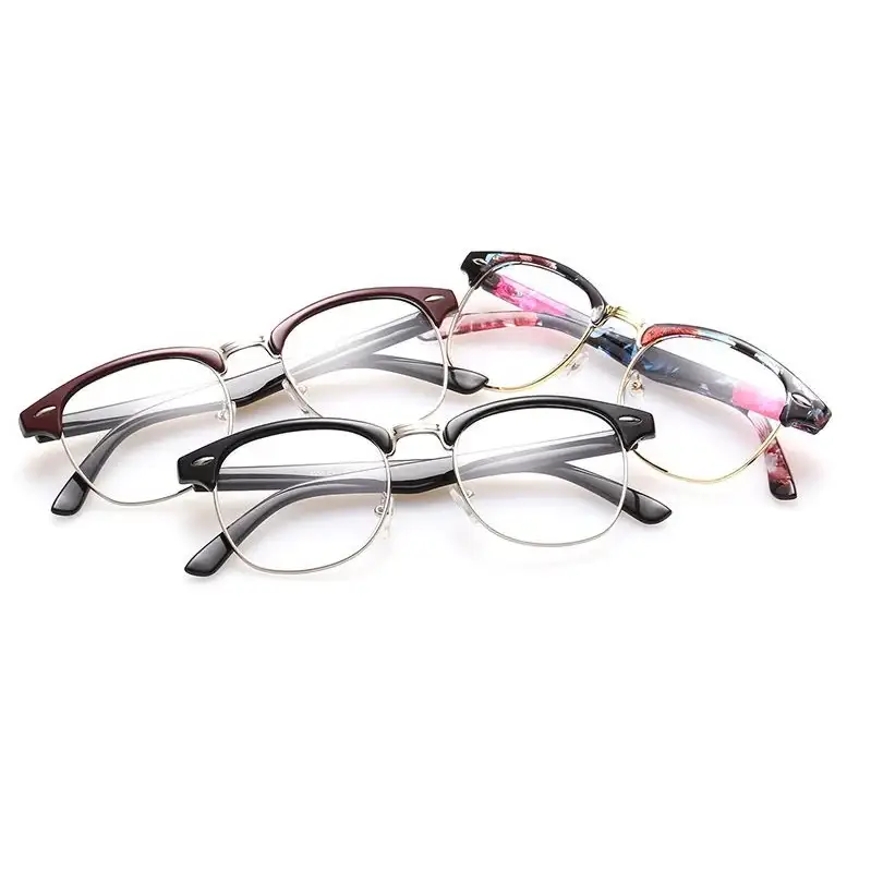 A pair of stylish, half-rimmed eyeglasses with a sleek metallic frame and gradient-colored temples in maroon, black, or floral-patterned designs.