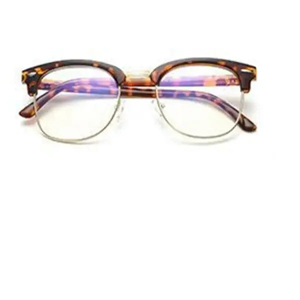 Tortoiseshell-patterned half-rim reading glasses with purple and orange gradient temple interiors.