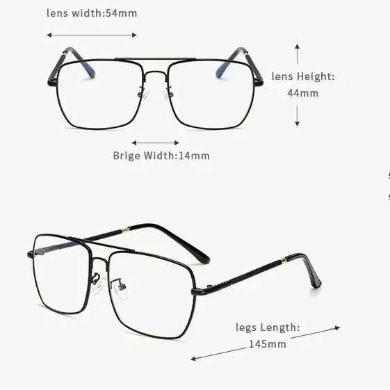 Black metal-framed rectangular eyeglasses with blue-tipped temple ends and gold-colored accents on the hinges.