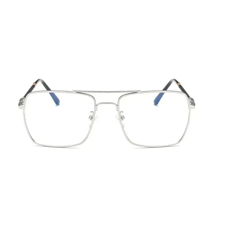 Silver-framed rectangular glasses with blue-tinted temple tips.