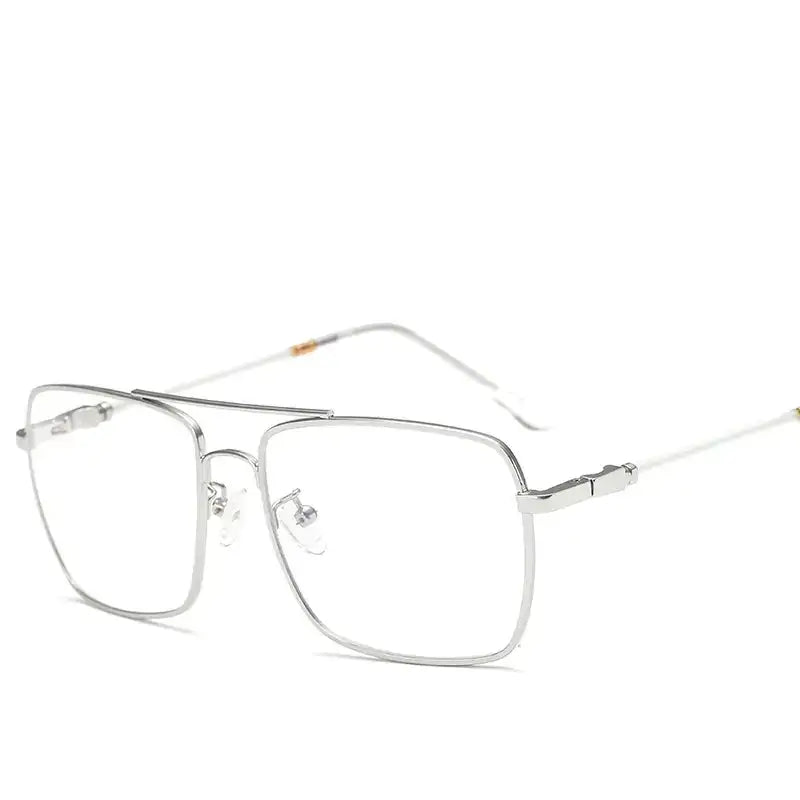 Silver metal-framed rectangular glasses with a sleek, modern design.