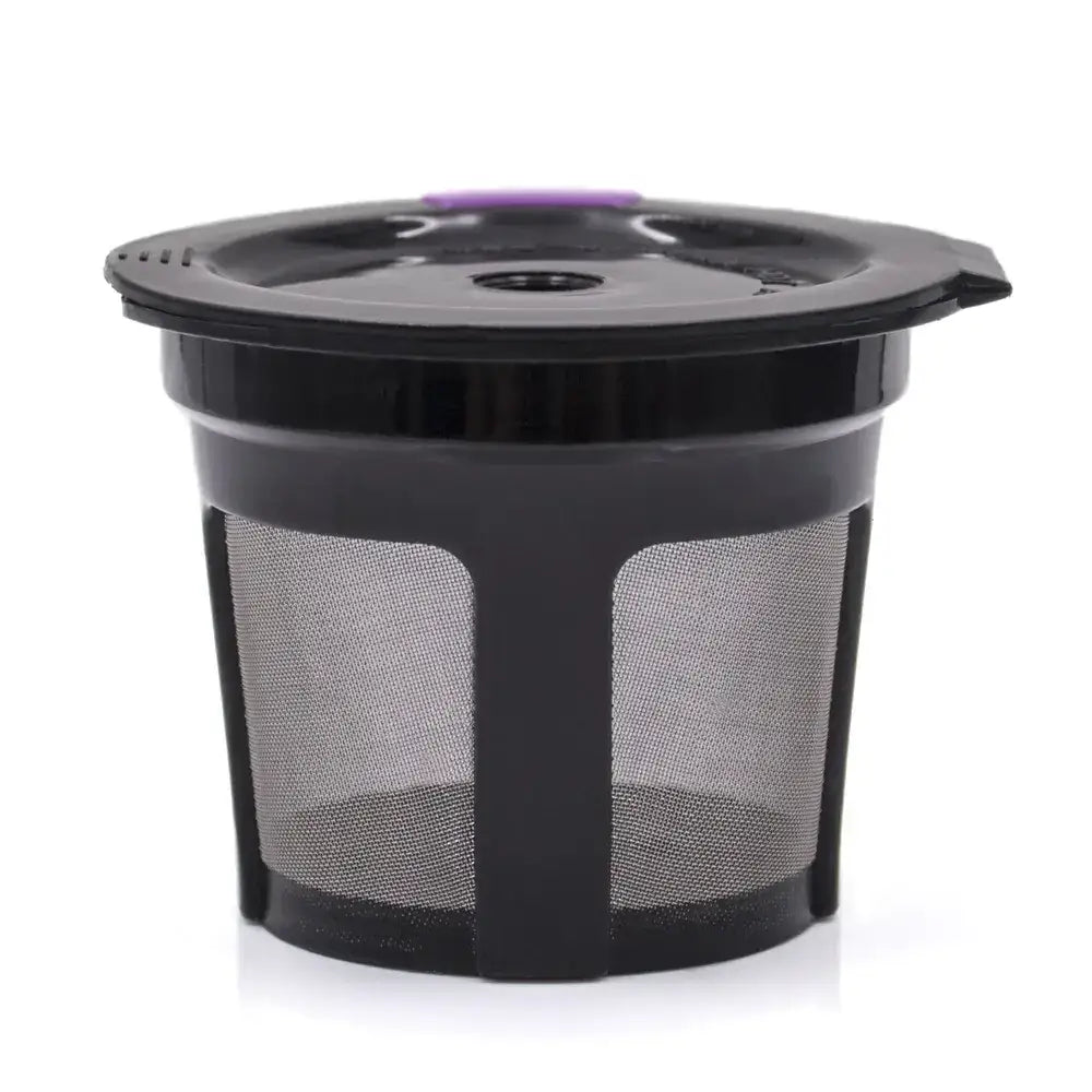 Black plastic coffee filter with a purple accent on the lid and mesh sides.
