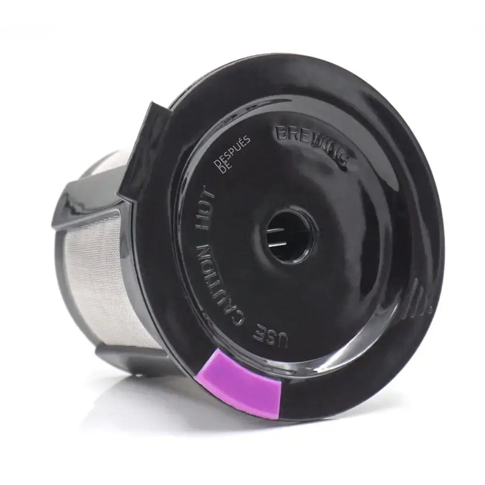 Black plastic k-cup filter with a purple accent and mesh interior.